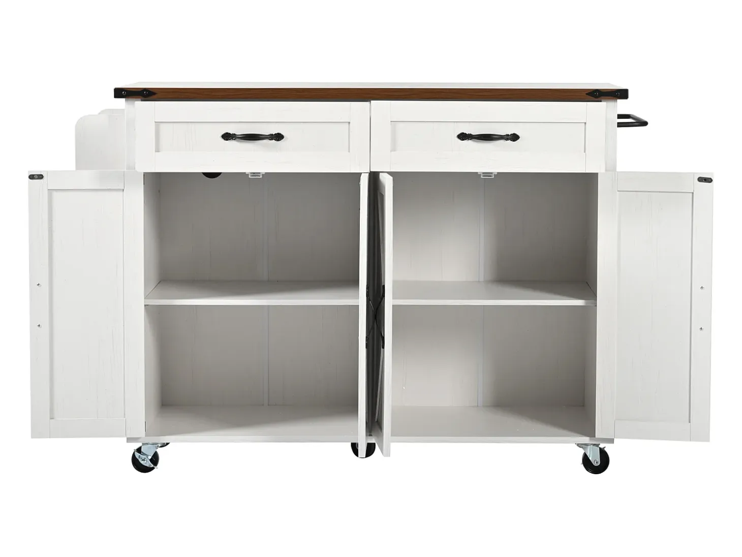 Isla de cocina central móvil con 4 puertas y 2 cajones - tapa extensible - 140 x 45/73 x 93 cm - Madera MDF + metal - Blanco + natural