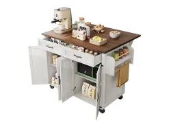 Isla de cocina central móvil con 4 puertas y 2 cajones - tapa extensible - 140 x 45/73 x 93 cm - Madera MDF + metal - Blanco + natural