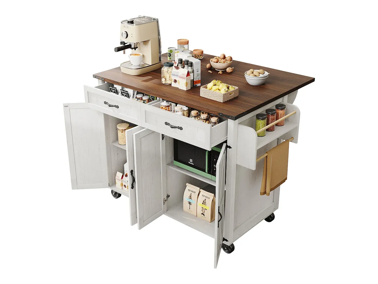 Isla de cocina central móvil con 4 puertas y 2 cajones - tapa extensible - 140 x 45/73 x 93 cm - Madera MDF + metal - Blanco + natural
