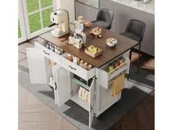 Isla de cocina central móvil con 4 puertas y 2 cajones - tapa extensible - 140 x 45/73 x 93 cm - Madera MDF + metal - Blanco + natural