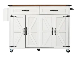 Isla de cocina central móvil con 4 puertas y 2 cajones - tapa extensible - 140 x 45/73 x 93 cm - Madera MDF + metal - Blanco + natural