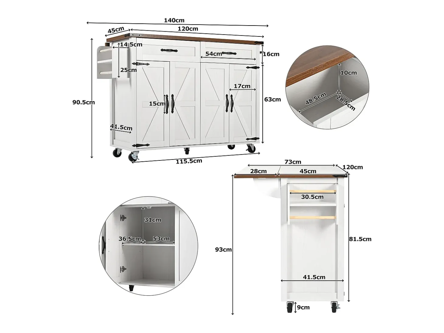 Isla de cocina central móvil con 4 puertas y 2 cajones - tapa extensible - 140 x 45/73 x 93 cm - Madera MDF + metal - Blanco + natural