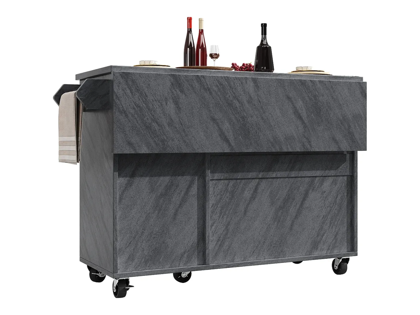 Isla de cocina central móvil - Tablero extensible - 130x75x92 cm - 3 puertas - estantes abiertos - con toallero - MDF - Gris