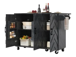 Isla de cocina central móvil - Tablero extensible - 130x75x92 cm - 3 puertas - estantes abiertos - con toallero - MDF - Gris