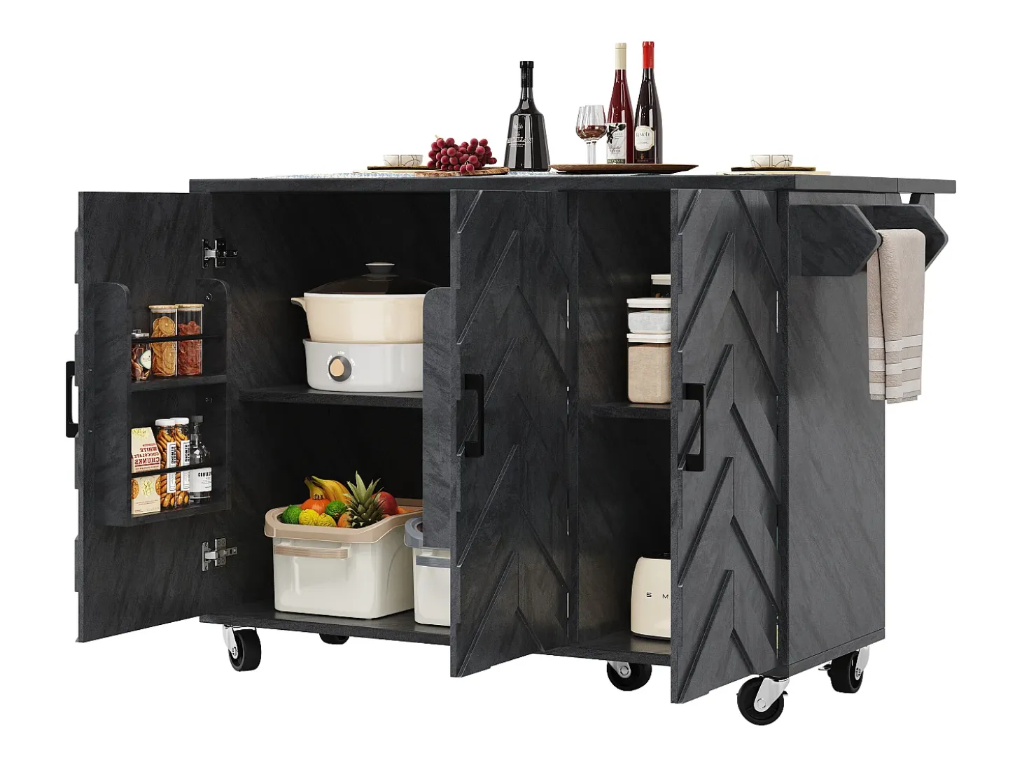 Isla de cocina central móvil - Tablero extensible - 130x75x92 cm - 3 puertas - estantes abiertos - con toallero - MDF - Gris