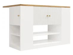 Isla de cocina con 2 cajones y 3 puertas - Encimera imitación madera - Blanco y madera