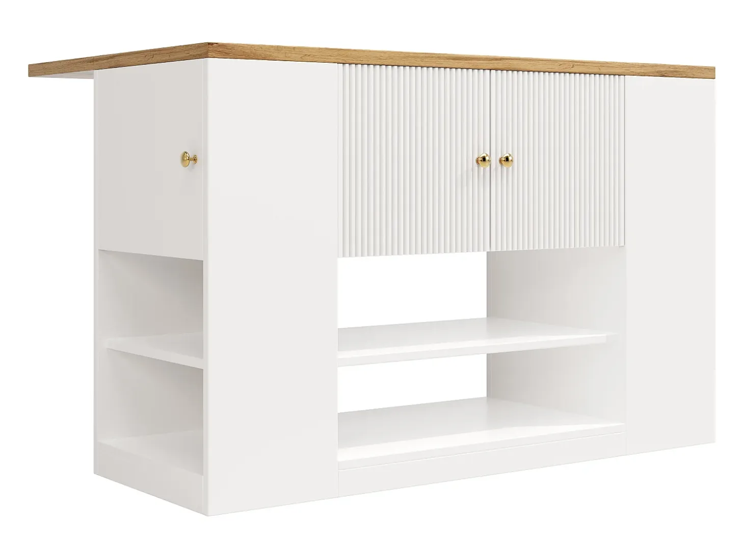 Isla de cocina con 2 cajones y 3 puertas - Encimera imitación madera - Blanco y madera