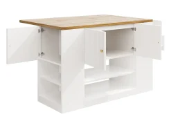 Isla de cocina con 2 cajones y 3 puertas - Encimera imitación madera - Blanco y madera