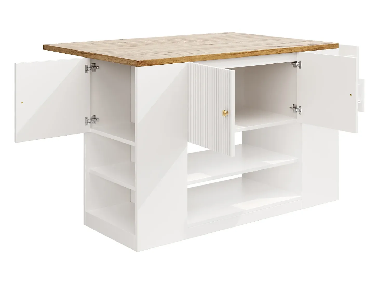 Isla de cocina con 2 cajones y 3 puertas - Encimera imitación madera - Blanco y madera
