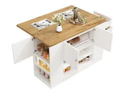 Isla de cocina con 2 cajones y 3 puertas - Encimera imitación madera - Blanco y madera