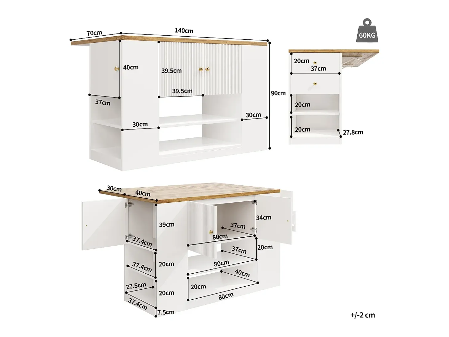 Isla de cocina con 2 cajones y 3 puertas - Encimera imitación madera - Blanco y madera