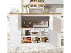 Isla de cocina con 2 cajones y 3 puertas - Encimera imitación madera - Blanco y madera