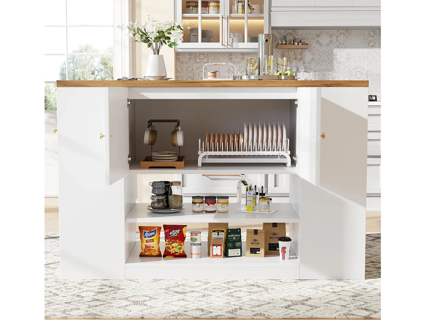 Isla de cocina con 2 cajones y 3 puertas - Encimera imitación madera - Blanco y madera