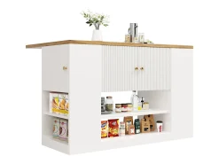 Isla de cocina con 2 cajones y 3 puertas - Encimera imitación madera - Blanco y madera