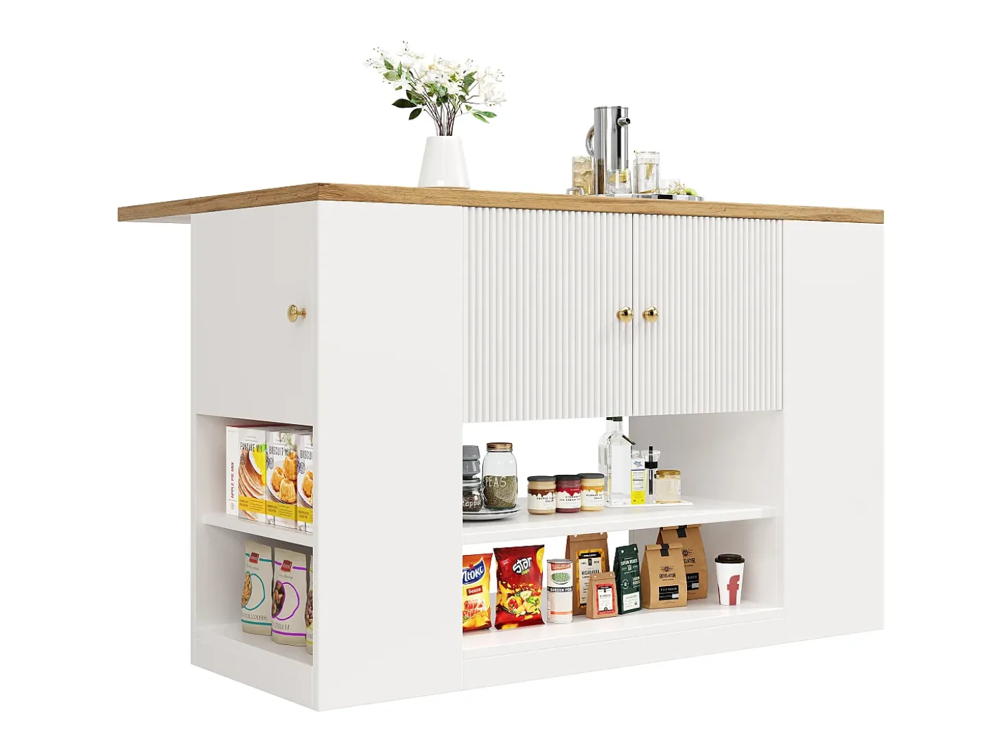 Isla de cocina con 2 cajones y 3 puertas - Encimera imitación madera - Blanco y madera