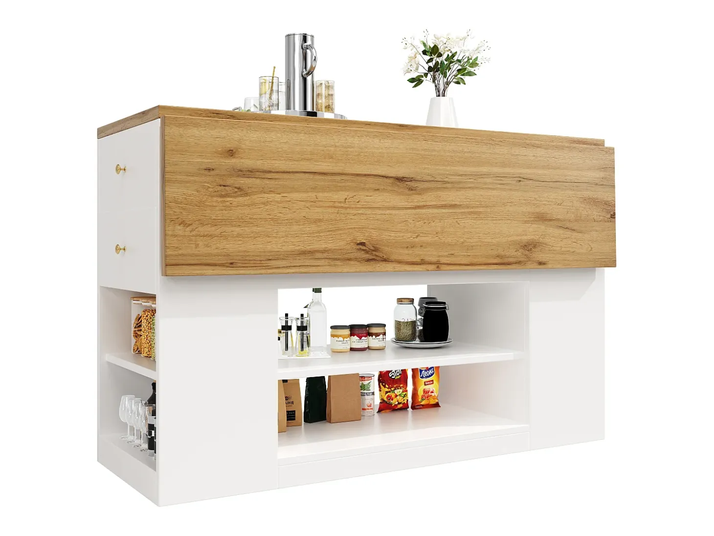 Isla de cocina con 2 cajones y 3 puertas - Encimera imitación madera - Blanco y madera