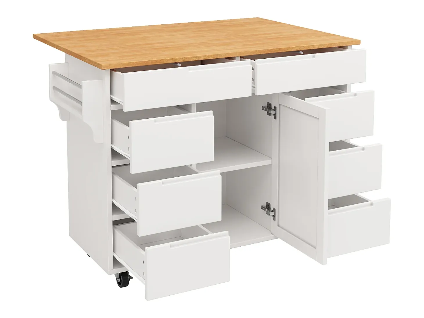 Isla de cocina con 8 cajones - Carro con ruedas y tapa abatible - Blanco
