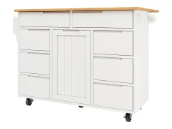 Isla de cocina con 8 cajones - Carro con ruedas y tapa abatible - Blanco
