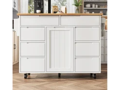 Isla de cocina con 8 cajones - Carro con ruedas y tapa abatible - Blanco