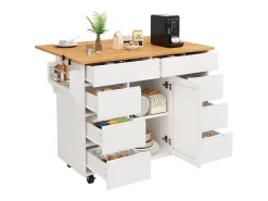 Isla de cocina con 8 cajones - Carro con ruedas y tapa abatible - Blanco