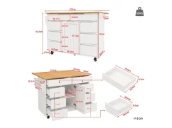 Isla de cocina con 8 cajones - Carro con ruedas y tapa abatible - Blanco