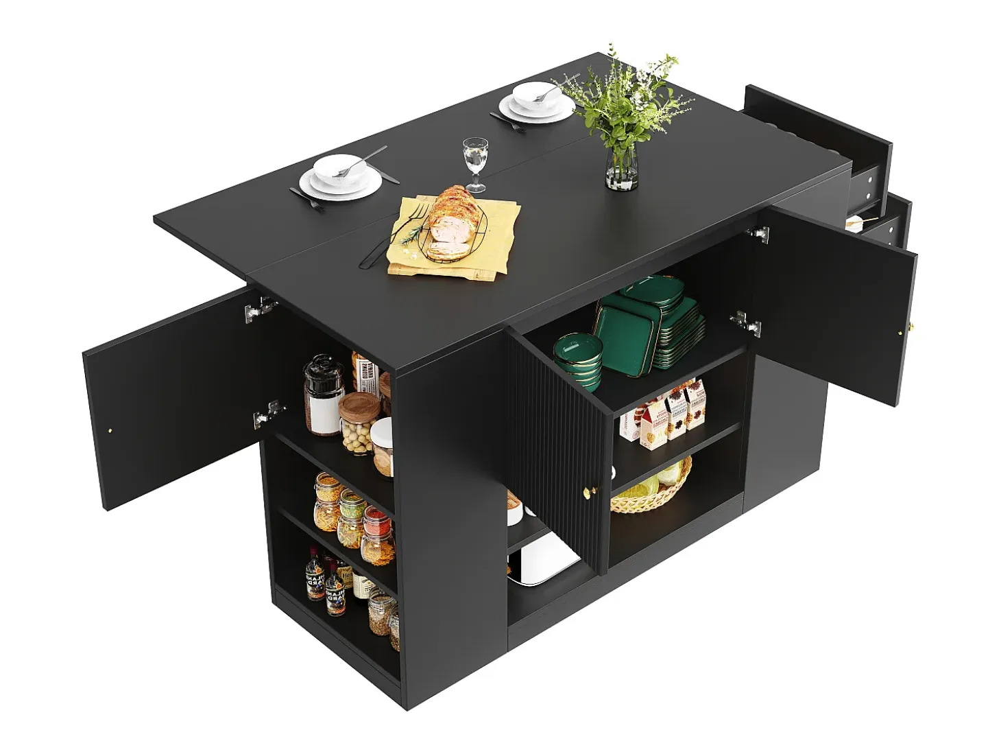 Isla de cocina con 2 cajones y 3 puertas - Negro