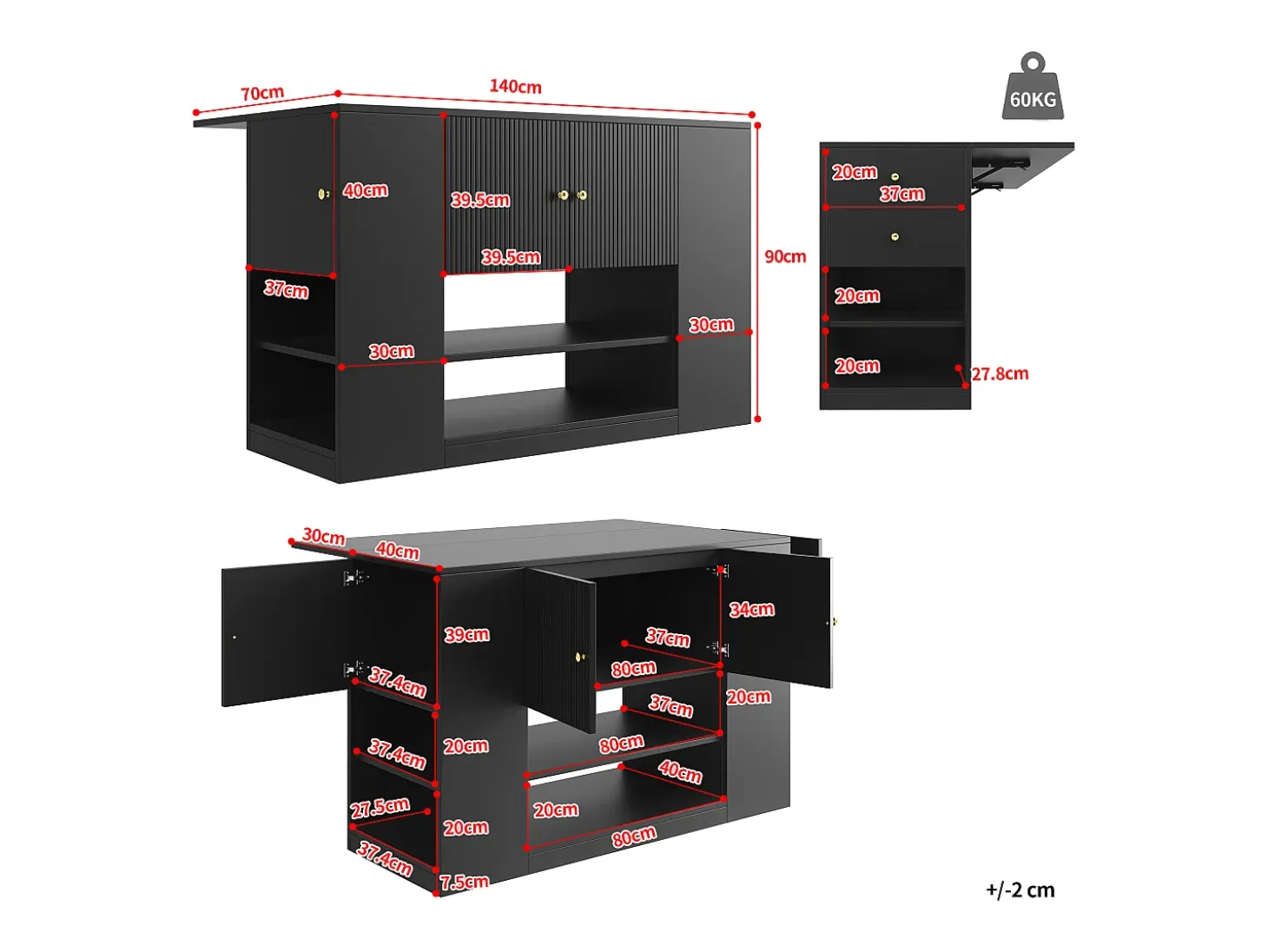 Isla de cocina con 2 cajones y 3 puertas - Negro