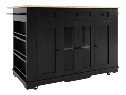 Isla de cocina con 3 cajones y 4 puertas (incluidas 2 puertas de cristal) - Negro 151,5 x 60(85) x 91,7 cm