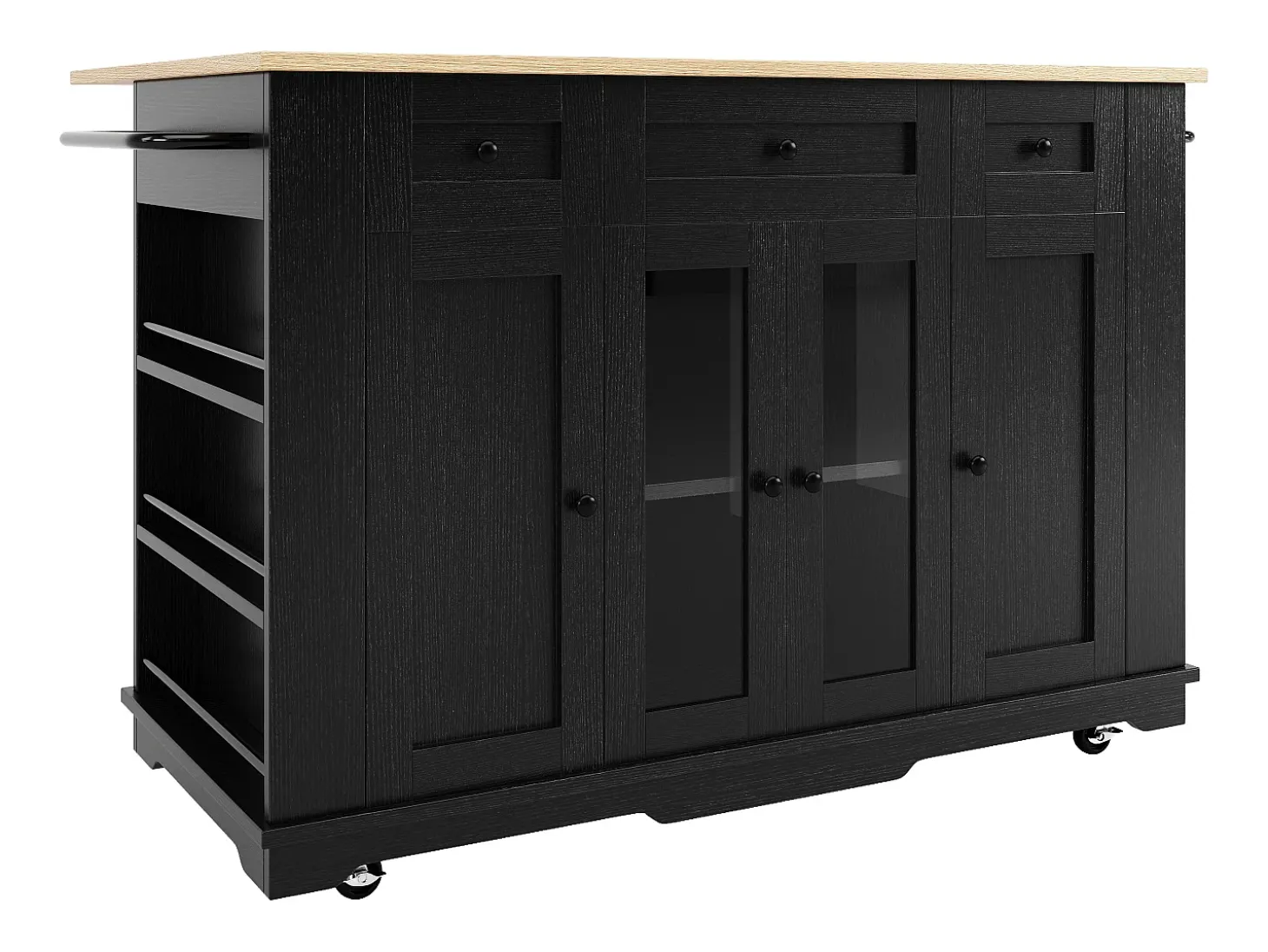 Isla de cocina con 3 cajones y 4 puertas (incluidas 2 puertas de cristal) - Negro 151,5 x 60(85) x 91,7 cm
