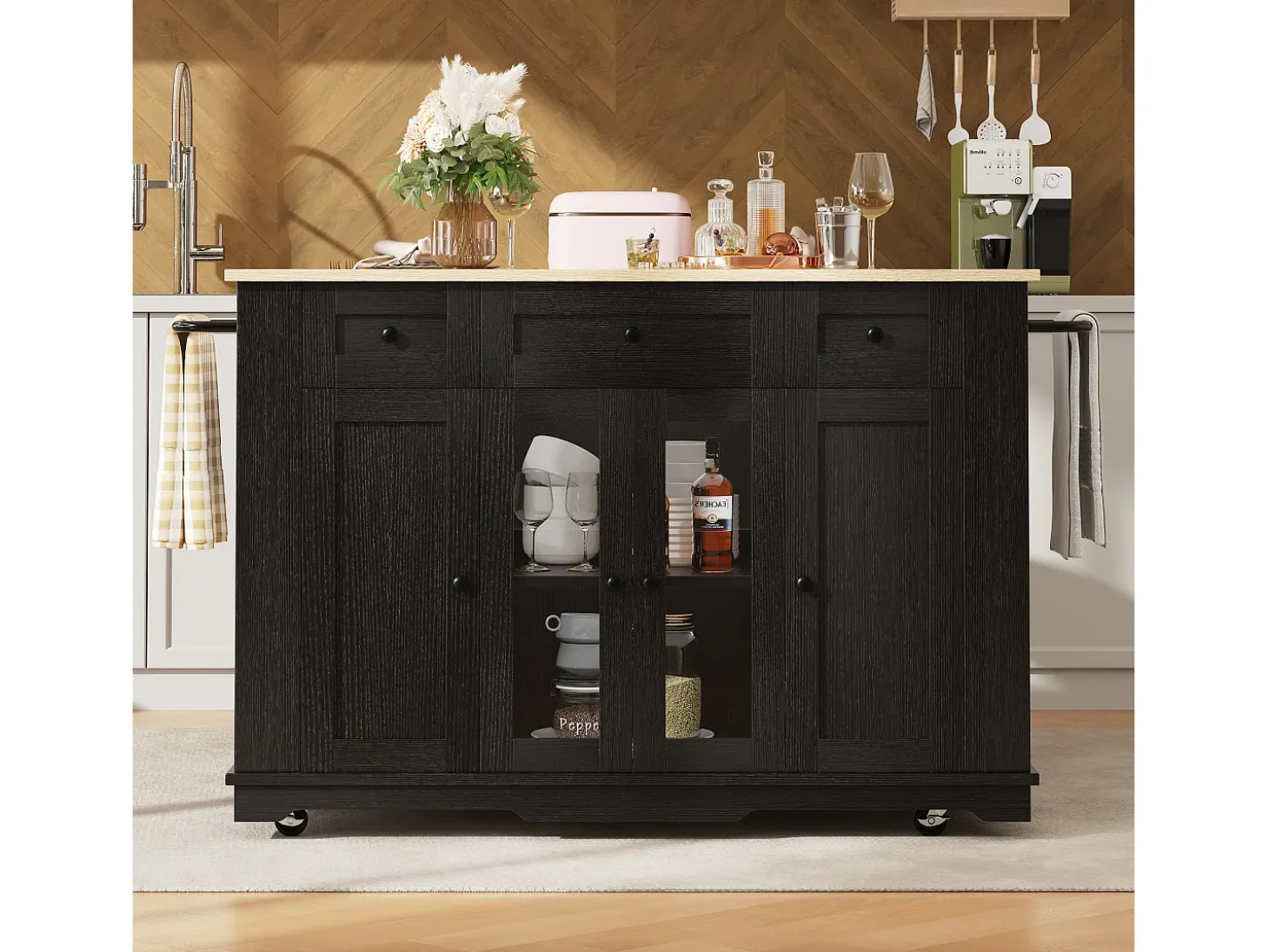 Isla de cocina con 3 cajones y 4 puertas (incluidas 2 puertas de cristal) - Negro 151,5 x 60(85) x 91,7 cm