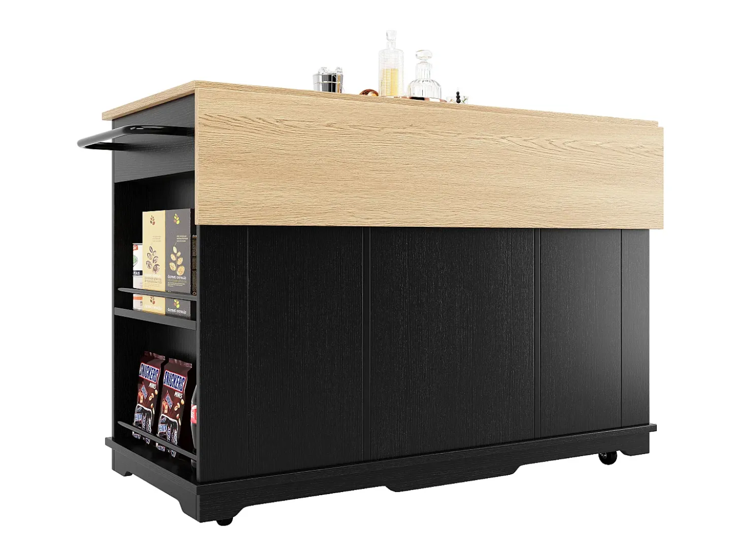 Isla de cocina con 3 cajones y 4 puertas (incluidas 2 puertas de cristal) - Negro 151,5 x 60(85) x 91,7 cm