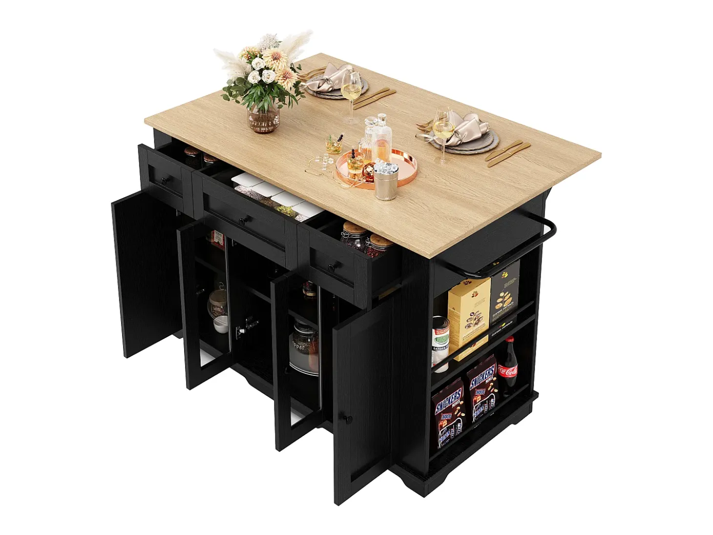 Isla de cocina con 3 cajones y 4 puertas (incluidas 2 puertas de cristal) - Negro 151,5 x 60(85) x 91,7 cm