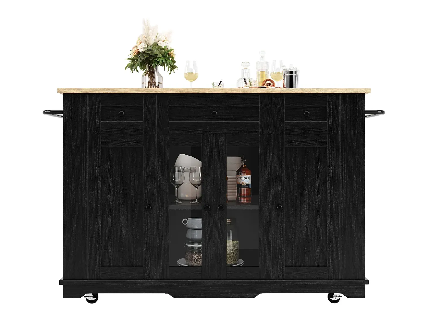 Isla de cocina con 3 cajones y 4 puertas (incluidas 2 puertas de cristal) - Negro 151,5 x 60(85) x 91,7 cm