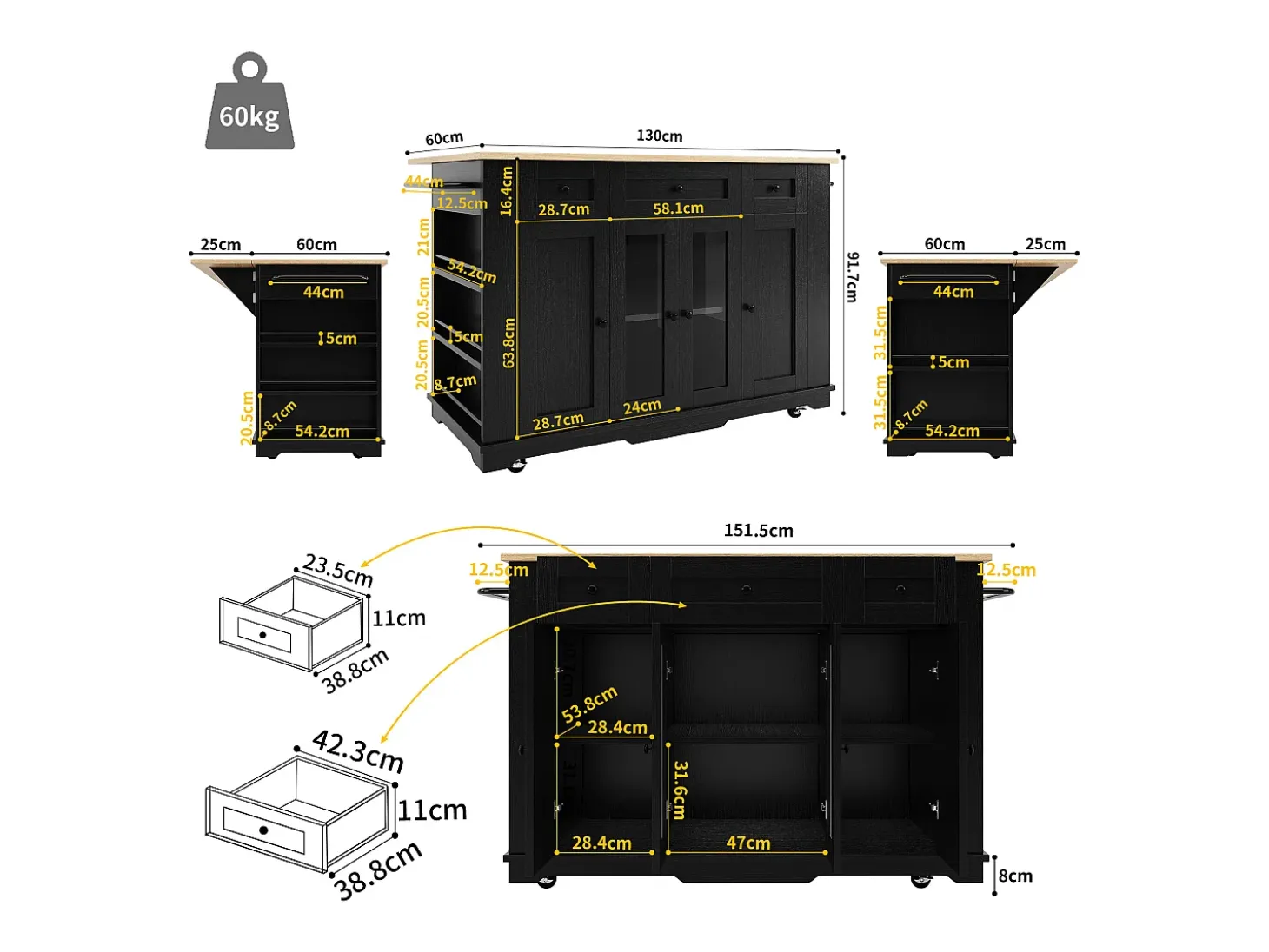 Isla de cocina con 3 cajones y 4 puertas (incluidas 2 puertas de cristal) - Negro 151,5 x 60(85) x 91,7 cm