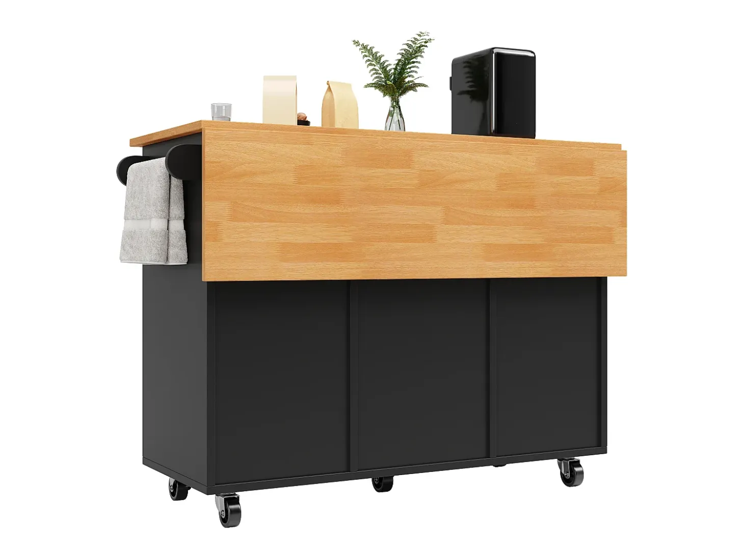 Isla de cocina con 8 cajones - Carro con ruedas y tapa abatible - Negro