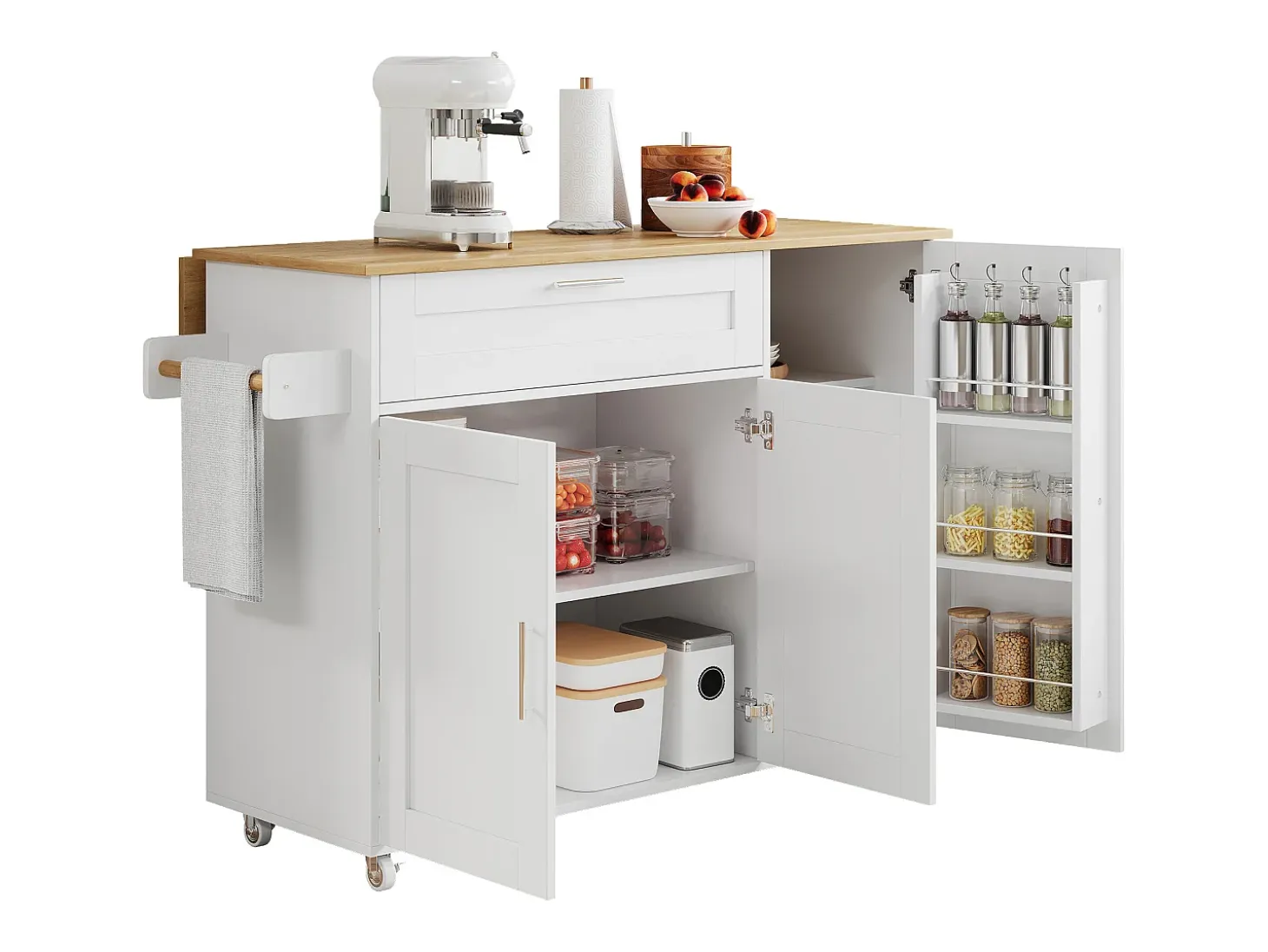 Isla de cocina con 3 puertas y un cajón en MDF - Blanco y natural claro