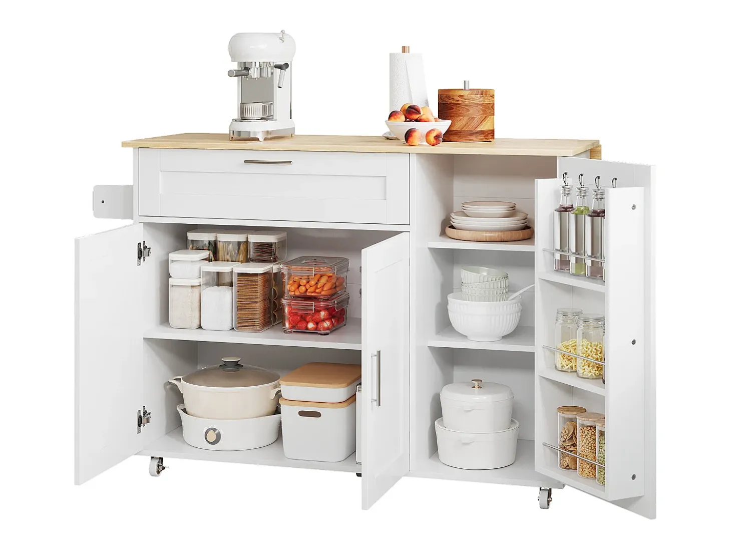 Isla de cocina con 3 puertas y un cajón en MDF - Blanco y natural claro