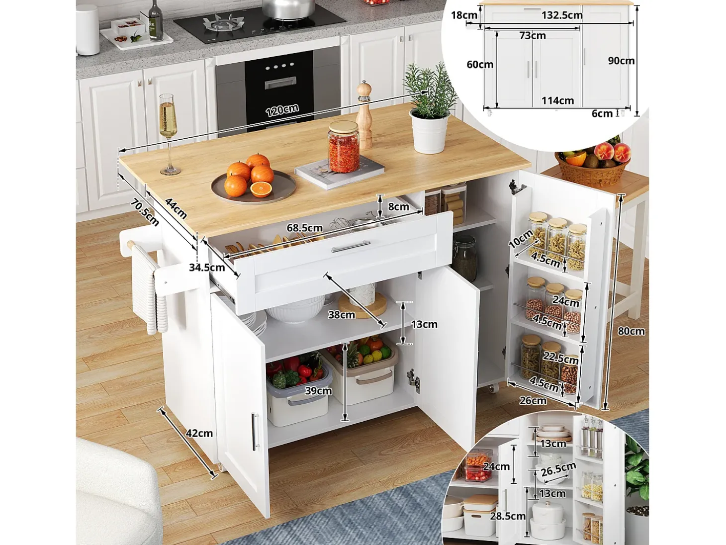 Isla de cocina con 3 puertas y un cajón en MDF - Blanco y natural claro