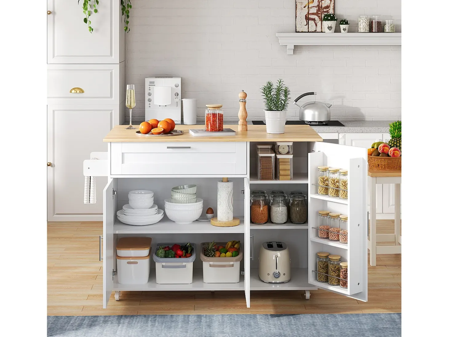 Isla de cocina con 3 puertas y un cajón en MDF - Blanco y natural claro