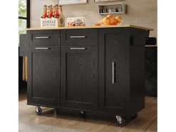 Isla de cocina con 3 puertas y 2 cajones - Encimera imitación madera - Madera MDF - Negro y natural claro
