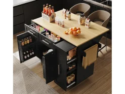 Isla de cocina con 3 puertas y 2 cajones - Encimera imitación madera - Madera MDF - Negro y natural claro