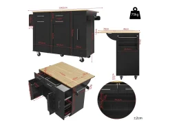 Isla de cocina con 3 puertas y 2 cajones - Encimera imitación madera - Madera MDF - Negro y natural claro