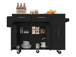 Isla de cocina con 3 puertas y 2 cajones - Encimera imitación madera - Madera MDF - Negro y natural claro