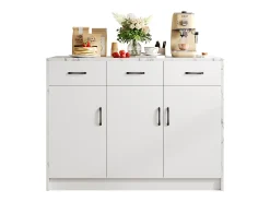 Isla de cocina con 3 puertas y 3 cajones - 112 x 60 x 90,5 cm - Encimera efecto mármol - Madera MDF - Blanco