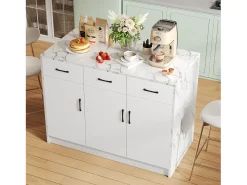 Isla de cocina con 3 puertas y 3 cajones - 112 x 60 x 90,5 cm - Encimera efecto mármol - Madera MDF - Blanco