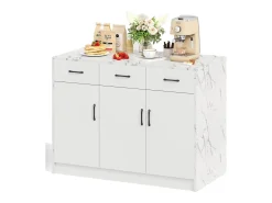 Isla de cocina con 3 puertas y 3 cajones - 112 x 60 x 90,5 cm - Encimera efecto mármol - Madera MDF - Blanco