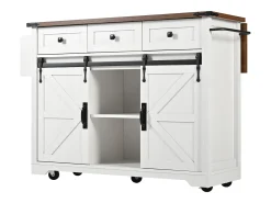 Isla de cocina con 2 puertas correderas y 3 cajones - Blanca y marrón