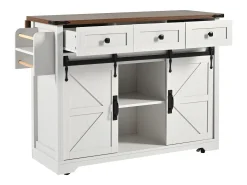 Isla de cocina con 2 puertas correderas y 3 cajones - Blanca y marrón