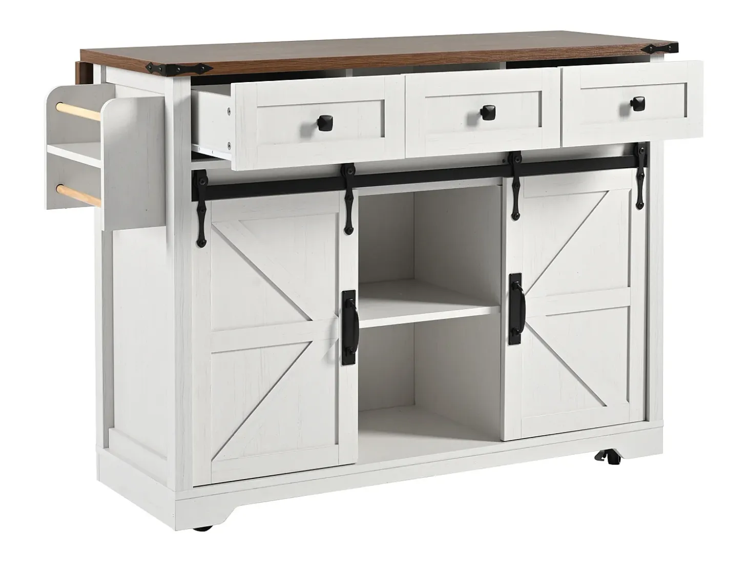 Isla de cocina con 2 puertas correderas y 3 cajones - Blanca y marrón