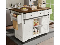 Isla de cocina con 2 puertas correderas y 3 cajones - Blanca y marrón